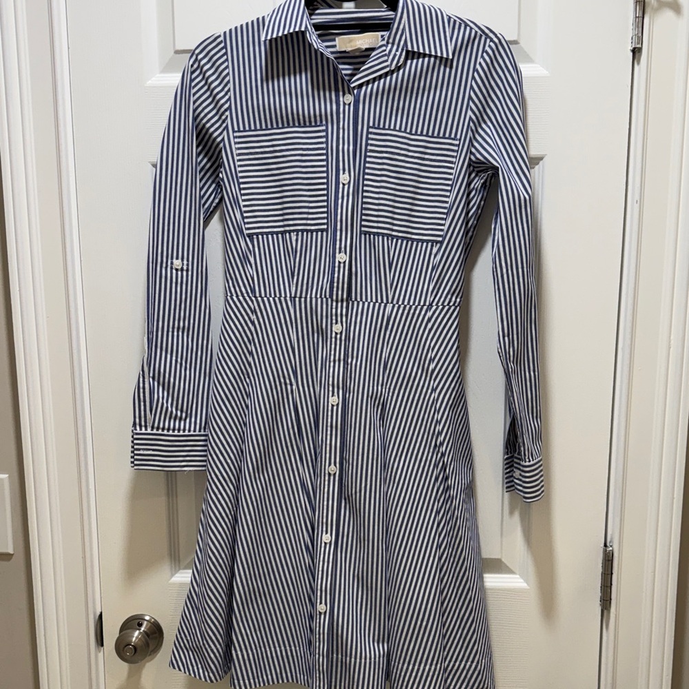 Michael Kors Navy and White Striped Long Sleeve Dress